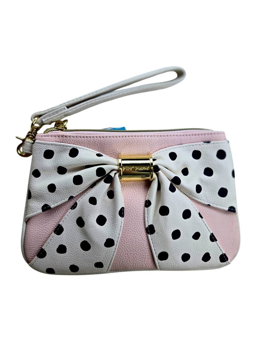 Betsey Johnson Bow Nanza Wristlet Pouch – Blush with Black Polka Dot Bow – NWT